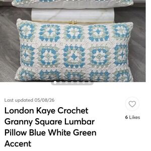 London Kaye Crochet Granny Square Lumbar Pillow Blue White Green Accent 22x12